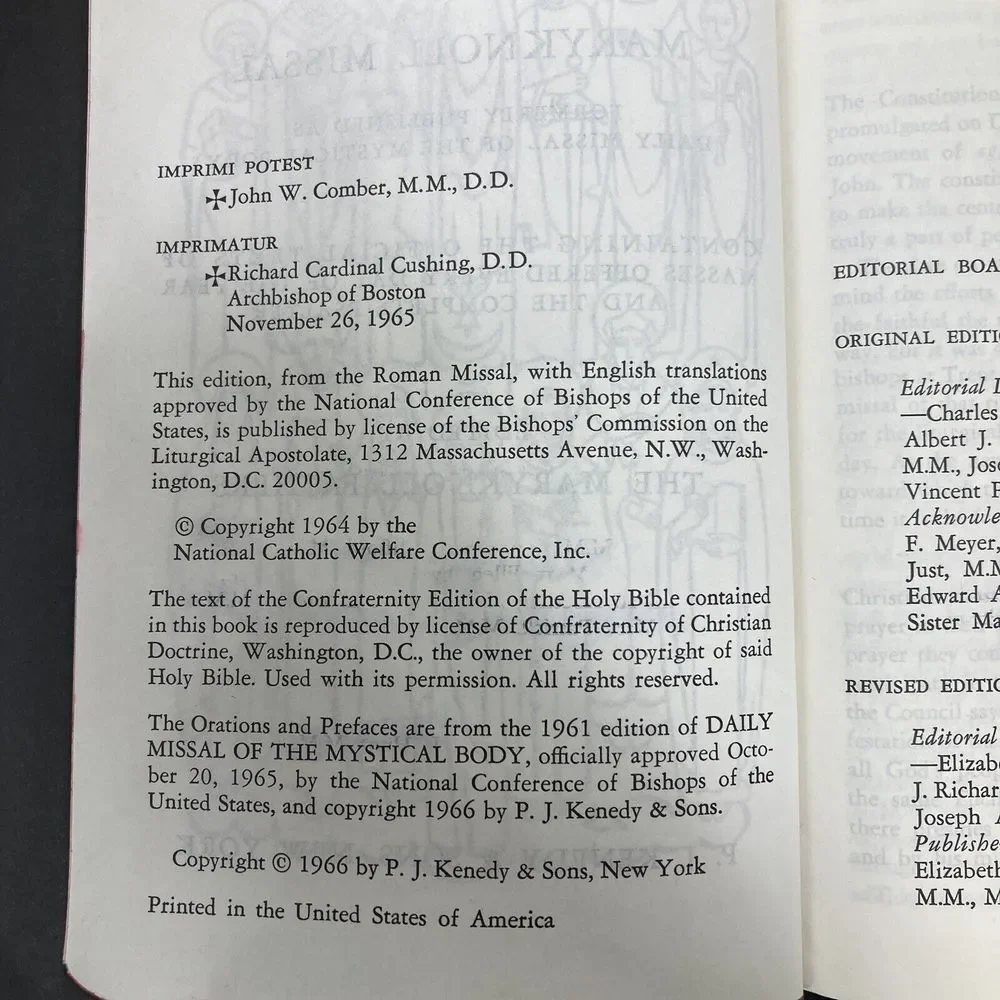 Maryknoll Missal Vatican II Edition 1966 P. J. Kenedy & Sons USA Notation inside